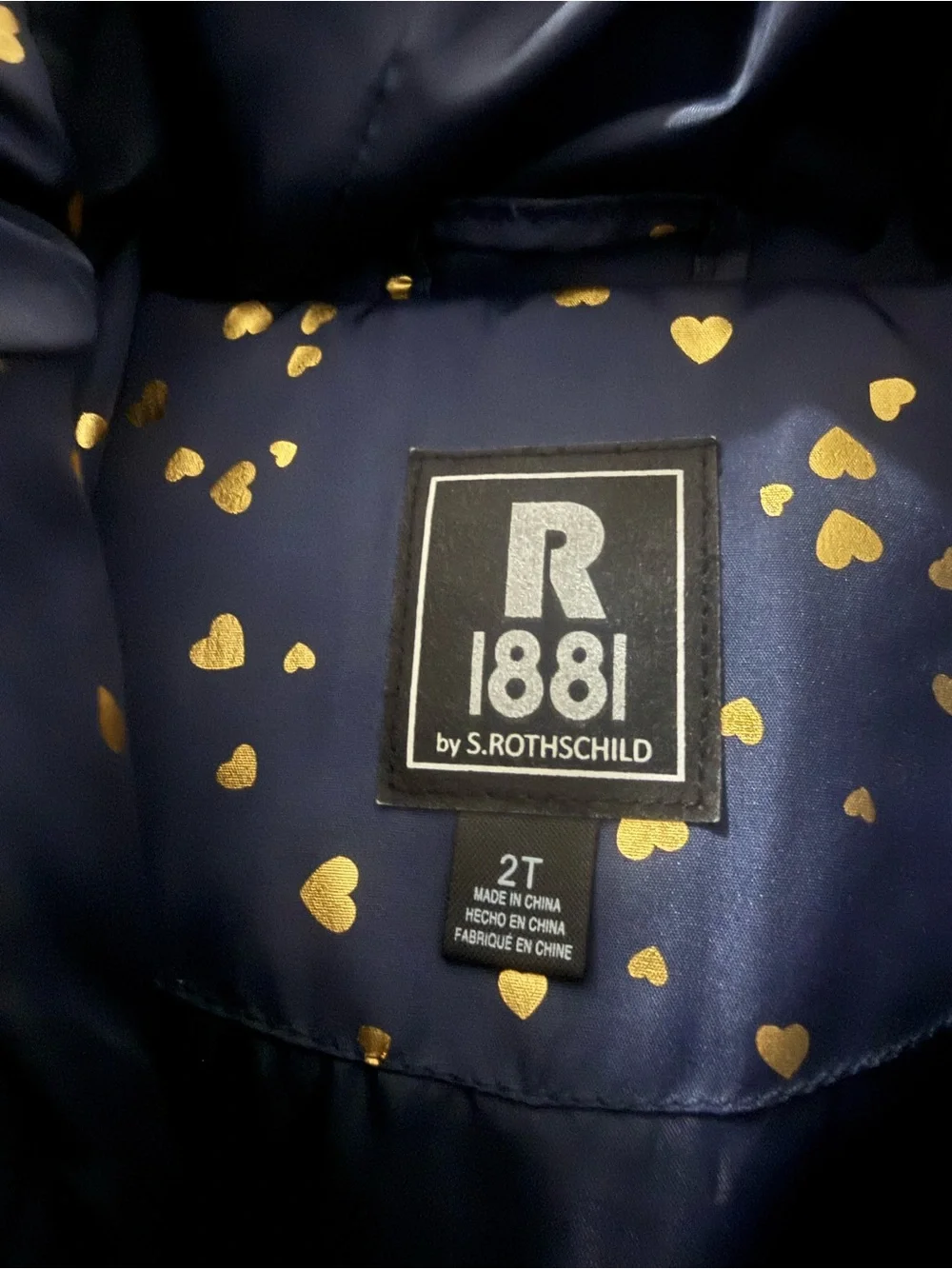 Rothschild 1881 Girls 2T Navy Gold Heart Puffer Coat Faux Fur Hood Winter Jack